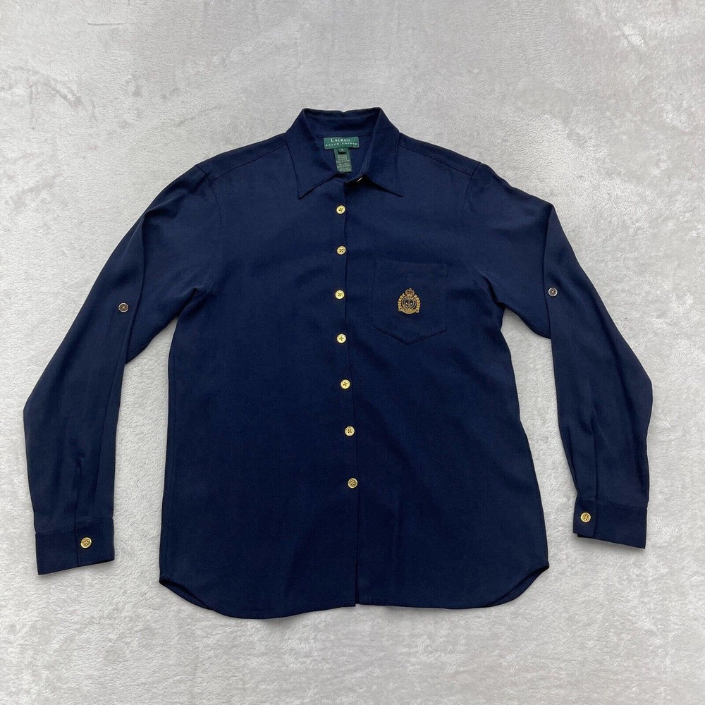 Lauren Ralph Lauren Silk Shirt Womens 4 Blue Long Sleeve Button Up Crest